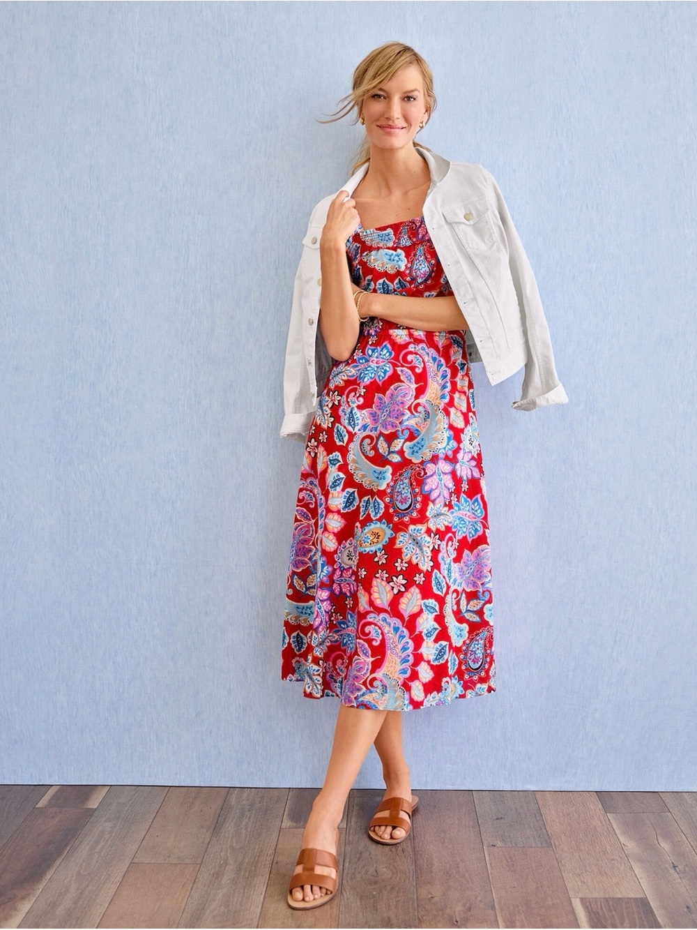 Talbots Plus Square Neck Midi Dress 14W Red Paisley Floral Smocked Bodice - Picture 2 of 8